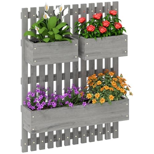 Image of Outsunny Wall-mounted Wooden Garden Planters with Trellis, Drainage Holes and 3 Movable Planter Boxes, Wall Raised Garden Bed for Patio, Grey