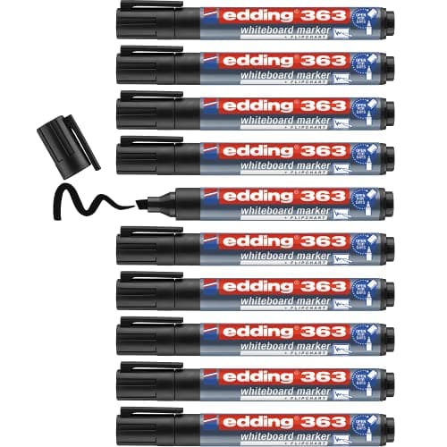 Image of edding 363 whiteboard marker - black - 10 whiteboard pens - chisel tip 1-5 mm - whiteboard pen dry wipe - for whiteboards, flipcharts, pinboards, magnetic and memo boards - sketchnotes - refillable