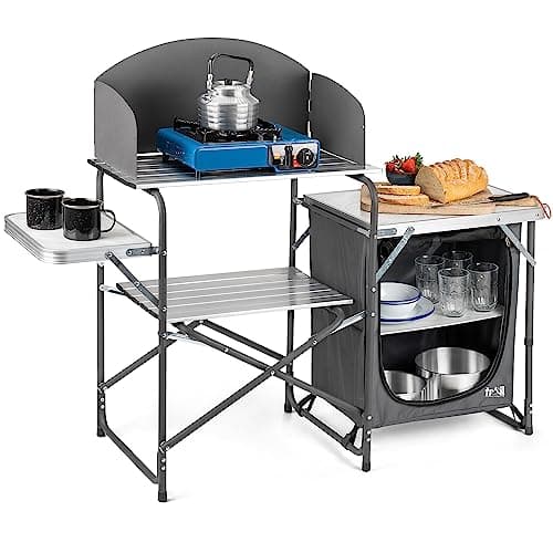 Image of Trail Outdoor Leisure Camping Kitchen Stand With Windshield, Folding Aluminium Cooking Station, Cupboard with 2 Storage Shelves, Carry Bag Included