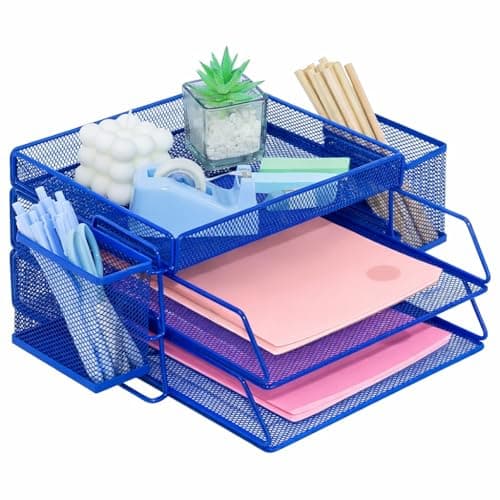 Image of ideallife Letter Trays Stackable with Top Stationery Holder, 2-Tier Metal Desk Organizer Tray with 2 Pen Holder, Paper Filing Tray for Office Supplies - Blue