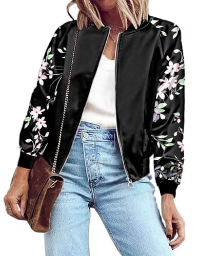 Image of Zeagoo Women's Bomber Jacket Lightweight Zip Up Jacket Casual Striped Jacket Coat Outerwear Windbreaker with Pockets, Flower Black, X-Small