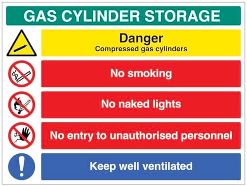 Image of Gas cylinder storage: Danger compressed gas, no smoking, no naked flames, no entry to unauthorised personnel, keep well ventilated (self adhesive vinyl safety label)