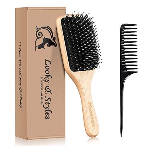 Image of Hair Brush, Sosoon Boar Bristle Paddle Hairbrush for Long Thick Curly Wavy Dry or Damaged Hair, Reducing Hair Breakage and Frizzy No More Tangle, Giftbox & Hair Comb Included