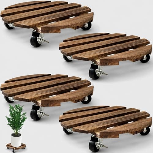 Image of YHZMZHY 4 Pack 30cm Wooden Plant Caddy with Wheels, Heavy Duty Round Rolling Plant Stand with Metal Lockable Casters, Mobile Plant Holder for Indoor Outdoor Garden, Flower Pot Trolley