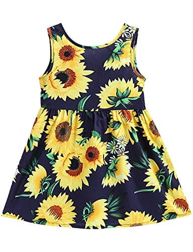 Image of DHASIUE Baby Girls Sleeveless Dresses Floral Print Sundress Princess Party Dress Toddler Kids , 02 Navy Blue Sunflower, 2-3 Years