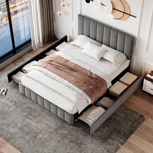 Image of BTM Upholstered Double Bed 4FT6(135x190cm), Upholstered Double Bed Frame with 4 Drawers, Adjustable Headboard and Metal-Wood Support, Grey Velvet (No Mattress)