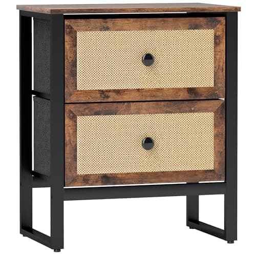 Image of HOMCOM Bedside Table, Side Table with 2 Rattan Drawers, Bedside Cabinet with Storage and Steel Legs for Bedroom, Living Room, Rustic Brown