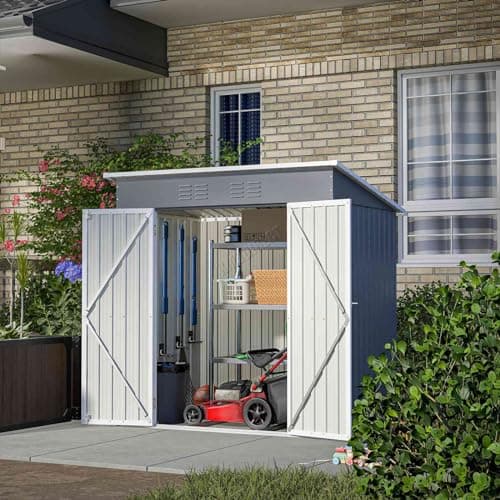 Image of BIRCHTREE Garden Shed Metal Pent Roof 4FT X 6FT Outdoor Storage With Free Foundation Grey and White