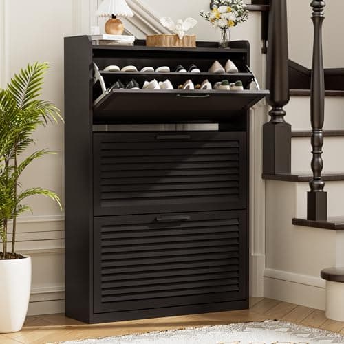 Image of BonVache Shoe Storage with 3 Flip Louvered Doors, Narrow Wooden Shoe Cabinet (120x80x24cm) with Adjustable Shelves For Hallway, Entreway, Living Room,Cafe