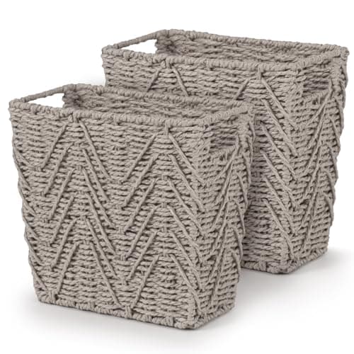 Image of Woodluv Set of 2 Handwoven Rectangular Paper Rope Bins, Decorative Wastepaper Baskets for Home, Closet, or Office Organization, Durable, Stylish & Functional Storage Solution - Grey