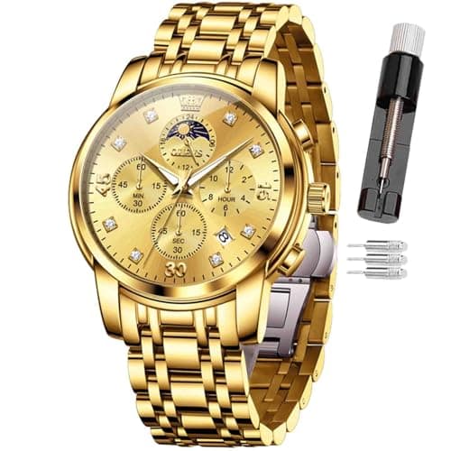 Image of OLEVS Mens Watches Chronograph Stainless Steel Analog Quartz Watch for Men, Business Wrist Watch with Luminous Hands, 24-Hour Moon Phase, Auto Date, Waterproof 30M, Link Adjustment Tool Included