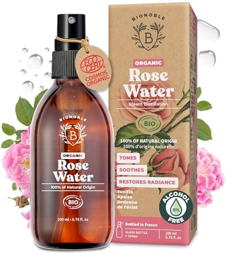 Image of BIONOBLE Organic Rose Water Spray - Tonifies, Calms, Boosts Radiance - 100% Natural Hydrolat, Alcohol-Free - Vegan Rose Water for Face, Hair, Eye Contour, Body - Glass Bottle - 200ml