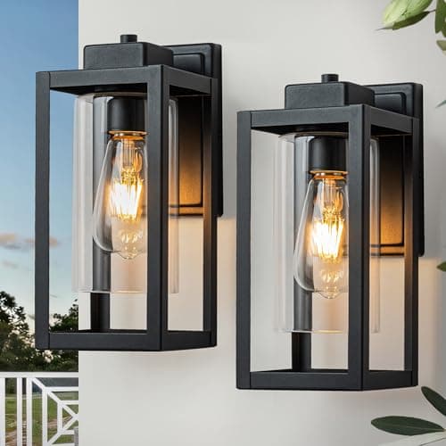 Image of FTL Outdoor Wall Lantern Lights, 2 Pack Exterior Porch Wall Light, Clear Glass Outdoor Sconce Lighting for Garden, IP44 Waterproof Front Door Outside Wall Lamps, Matte Black, E27 Base