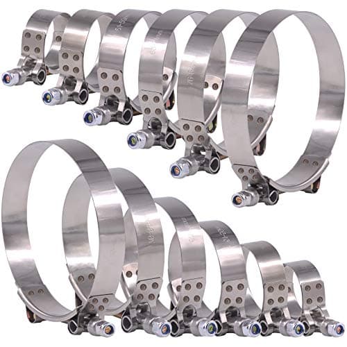 Image of Glarks, 12pcs Stainless Steel Hose Clamps Set with T-Bolt 6 Sizes 32-116mm Assortment for Turbo Suction Soft Hose Intercooler