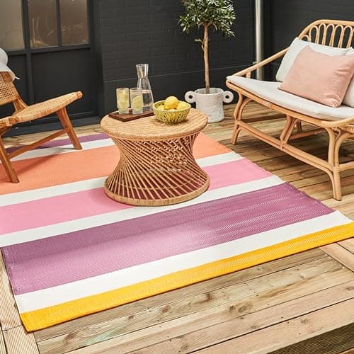 Image of THE RUGS Rainbow Collection Outdoor Rug - Easy to Clean, Waterproof Plastic Outdoor Rugs for Garden, Patio, Balcony, Camping - Vibrant Plastic Straw Rug - Striped Pink/Orange, 180x270