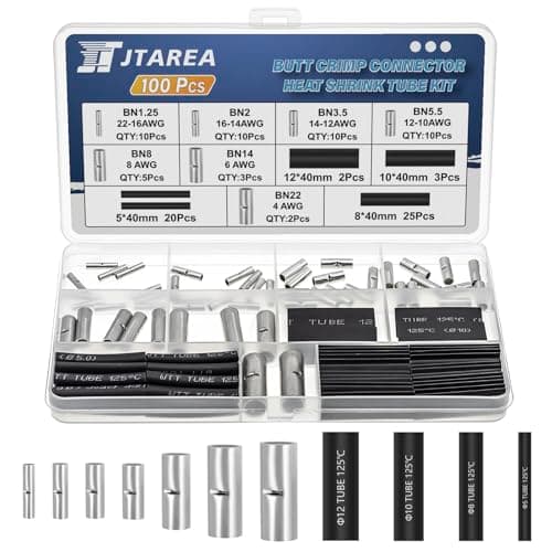 Image of JTAREA 100 Pieces 7 Types Butt Connectors Uninsulated Set with Heat Shrink Tube Non-Insulated Butt Connectors Cable Connector Crimp Connector 0.5-25 mm² Cable Crimp Connection Kit for Automobile Boats