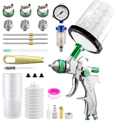 Image of HVLP Spray Gun, Fence Paint Sprayer with 10pcs 22 Ounce (650ml) Disposable Cups&Pressure Gauge, Gravity Feed Air Spray Gun with 3 Nozzles 1.4/1.7/2.5mm Nozzle for Fencing and Decking, Home DIY Painti