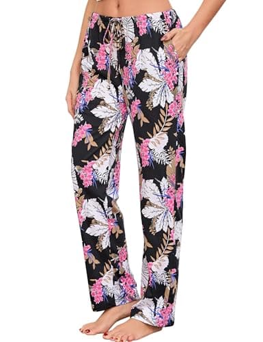 Image of ENJOYNIGHT Womens Pyjama Bottoms Comfy Casual Pajama Trousers Cotton Print Pjs Lounge Pants with Pockets (Medium,Pink Floral)