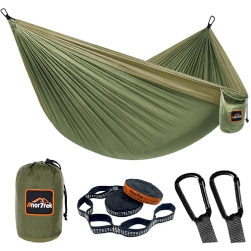 Image of AnorTrek Camping Hammock, Super Lightweight Portable Parachute Hammock with Two Tree Straps Single or Double Nylon Travel Tree Hammocks for Camping Backpacking Hiking Army Green&khaki