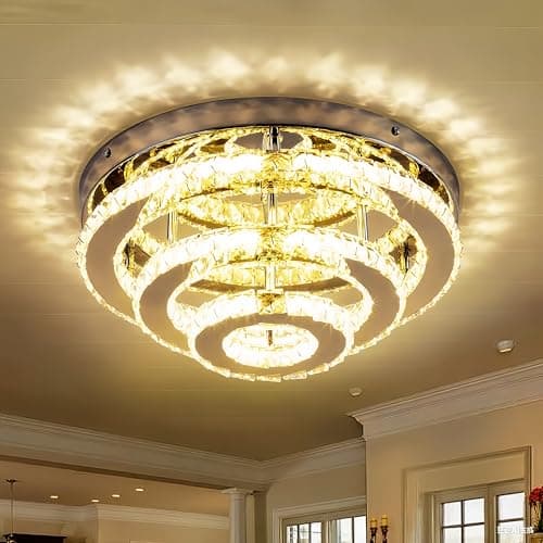 Image of YPQXYHDA 13.8 Inch Flush Mount Ceiling Light,Modern Crystal LED Chandelier Crystal ChandeliersTriple Layered Round with Warm White 3000K,Energy Saving Indoor Lighting for Living Room Bedroom Kitchen