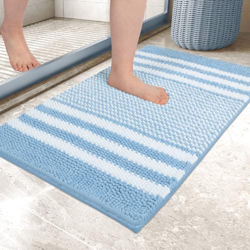 Image of Biscpro Bath Mat Rug Extra Soft and Absorbent Fluffy Striped Chenille,Non Slip Shaggy Bathroom Floor Mat,Machine Washable (Light Blue, 40 x 60 cm)