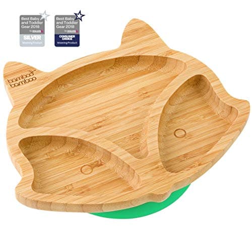 Image of bamboo bamboo Baby Plate and Toddler Plate, Suction Plate for Feeding and Weaning, Bamboo Fox Plate with Secure Suction, Suction Plates for Babies from 6 Months (Fox, Green)