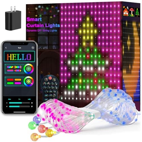 Image of VOXPOA Curtain Lights,Smart LED Color Changing Wall Lights with APP&Remote,Dynamic DIY GIF Christmas String Fairy Lights for Kids Bedroom Living Room Holiday Decor,Outdoor IP65 Waterproof,5.25x5.25ft