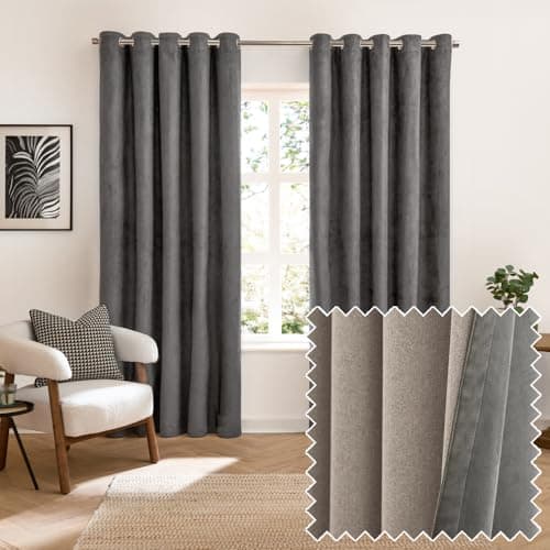 Image of furn. Verso Blackout Eyelet Curtain Pair – Reversible Ring Top Light Blocking Suede Drapes (Charcoal - 168x137cm)