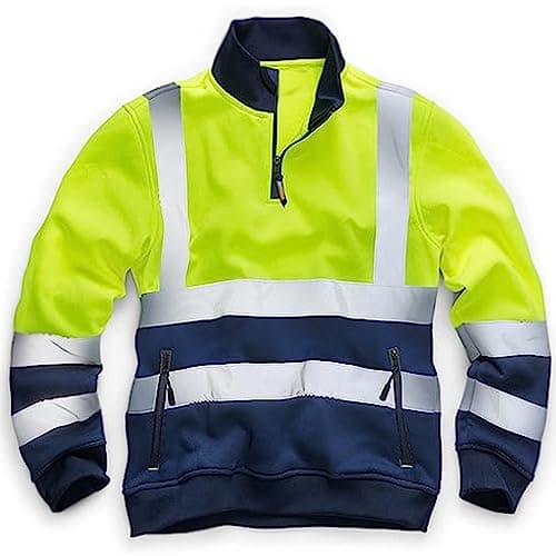 Image of Mens Hi Vis Zip Neck Workwear Sweatshirt Reflective Safety Pullover Jumper Yellow/Navy