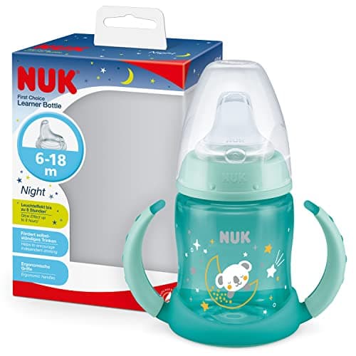 Image of NUK First Choice Sippy Cup Night | 6-18 Months | 150 ml | Glow in the Dark | Handles & Orthodontic Silicone Spout | Leak-Proof | Anti-Colic | BPA-Free | Green