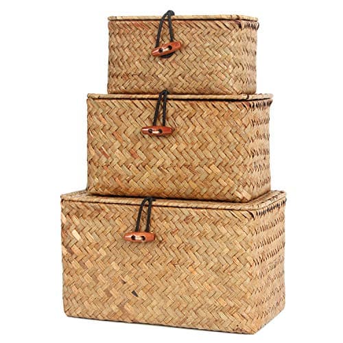 Image of FEILANDUO Wicker Storage Baskets with Lids Seagrass Woven Baskets for Shelves Stackable Storage Boxes for Organizing Rattan Bins (Natural, Small Set of 3(L/M/S))