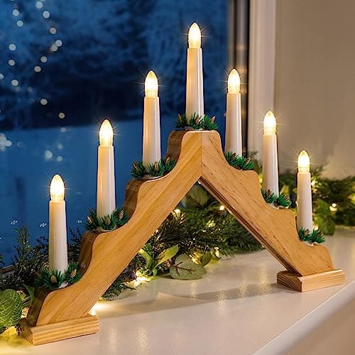 Image of CHRISTOW Christmas Candle Bridge Light 7 LED Battery Operated Wooden Decoration (Natural)