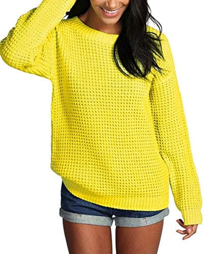 Image of Crazy Girls Womens Ladies Baggy Long Sleeve Knitted Plain Chunky Top Sweater Jumper S-XL (XL, Yellow)