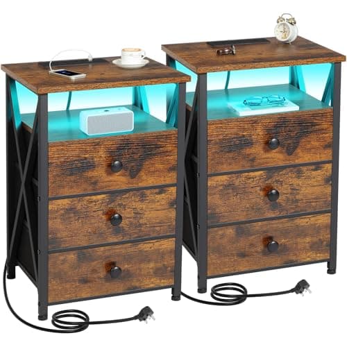 Image of AMHANCIBLE Bedside Table Set of 2 with Charging Station, Side Table with Led Lights, Bedside Cabinet with 3 Fabric Storage Drawers, End Table, Sofa Side Table, Nightstand for Living Room HET053LBR