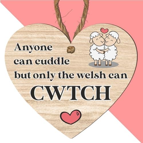 Image of Welsh Cwtch Plaque | Heart Shaped Hanging Wooden Sign | Red or Black Text | Only the Welsh Can Cwtch | Cute Welsh Saying Gift for Home or Loved One (Small: 10 cm (H) × 9 cm (W))