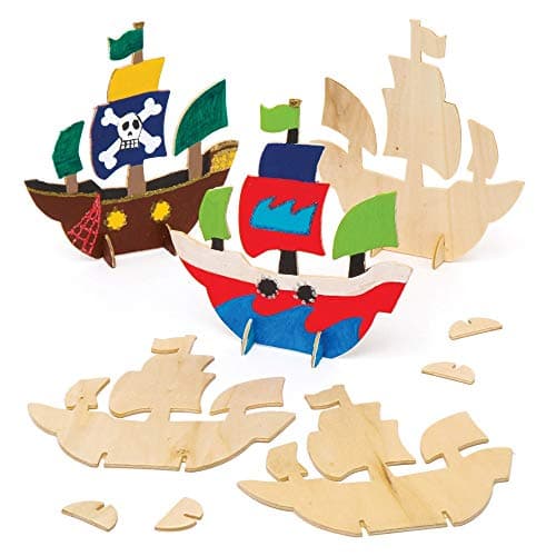 Image of Baker Ross AW621 Wooden Stand-up Pirate Ships (Pack of 6)