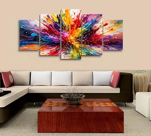 Image of 5 Piece Canvas Wall Art Five Panel Color Splash Explosion Abstract Artwork Canvas Prints Modern Decor for Living Room Bedroom Office Home Interior Decoration Vibrant Paint Burst Design - FRAMED