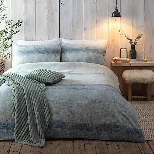 Image of Appletree Green King Size Duvet Cover Set – 100% Brushed Cotton Bedding – Soft Gradient Stripe Design – 230x220cm – 2 Pillowcases – Fade Dye Look – Cosy Winter Bedding – Machine Washable
