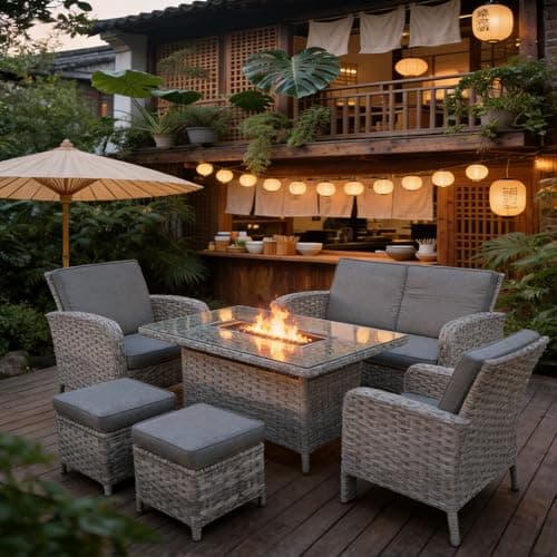 Image of Chusstang 6 Piece Rattan Garden Furniture Set, Outdoor Rattan Dining Table Sets with Firepit Table, Padded Sofa, Armchair, Stools, All Weather Patio Sofa Sets