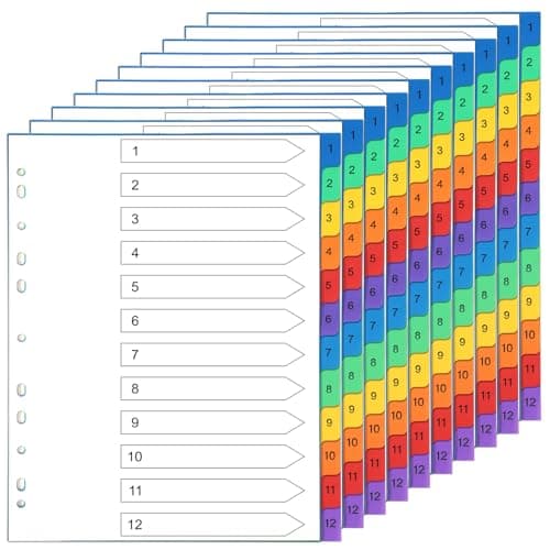 Image of Thboxes File Dividers A4, 10 Pack 1-12 Part Folder Dividers Coloured Plastic A4 Dividers for Lever Arch Files Ring Binders Office School Index Dividers