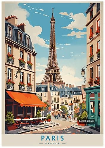 Image of Vibrant Paris City Street Scene With Eiffel Tower And Café - Retro Europe Travel Poster A4 Size Vintage Wall Art Print of Famous European Destinations Ideal for Home or Office Decor