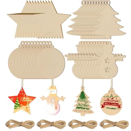 Image of 40Pcs Wooden Christmas Decorations, Wooden Christmas Ornaments for DIY Crafts, Includes Stars, Trees, Snowmen and Baubles, Perfect for Family Activities and School Projects
