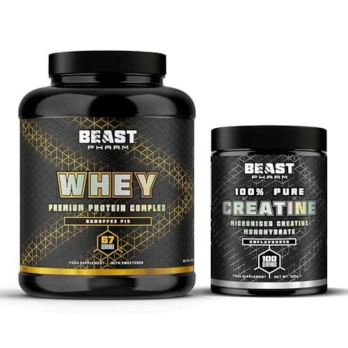 Image of Beast Whey Protein Powder 2kg + Creatine 500g 2 Pack Bundle for Strength and Muscles - Banoffee Whey and Unflavoured Creatine