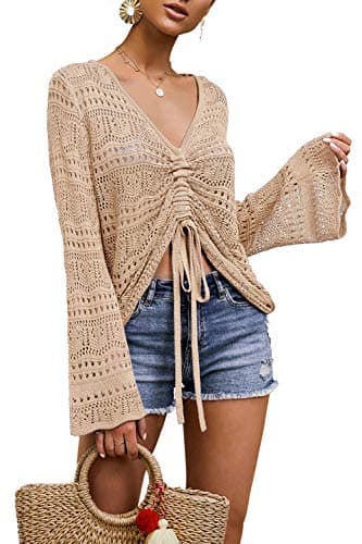 Image of Saodimallsu Womens Oversized V Neck Shirts Flowy Crochet Bell Sleeve Boho Tops Sexy Tie Front Ruched Ruffle Top Blouse Apricot L