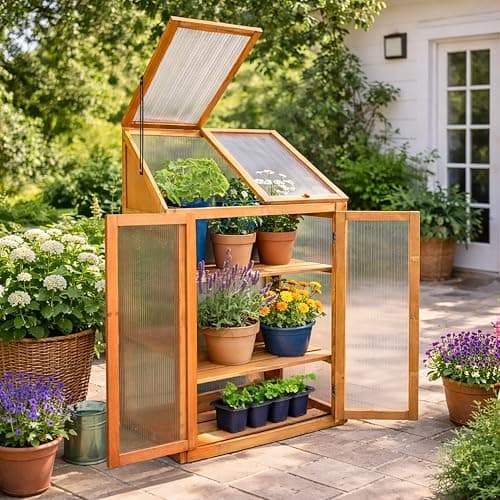 Image of Garden Mile Large 3 Tier Wooden Garden Greenhouse - 120cm Heavy Duty Transparent Polycarbonate Greenhouse - Cold Frames For Garden with 3 Storage Shelves