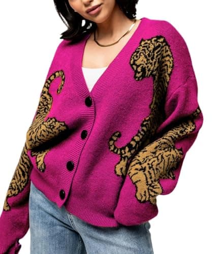 Image of FeMereina Women Tiger Print Cardigan Sweater Long Sleeve Button Down Knitwear Loose Fit Cropped Cardigan Cute Fall Streetwear (Purple, S)