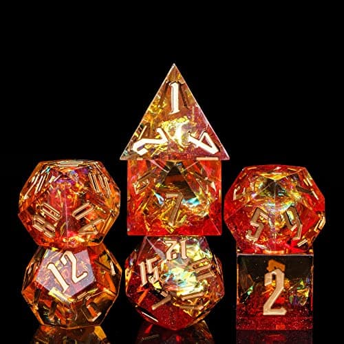 Image of Cusdie Sharp Edges DND Dice, 7 PCs D&D Dice, Handcrafted Polyhedral Dice Set, for Role Playing Game (Red Mixed Yellow)