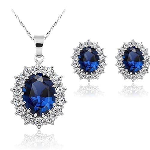 Image of Women Princess Blue Sapphire Jewellery Pendant Necklace Earrings Set for Women Princess Diana Kate Middleton's Jewellery Set