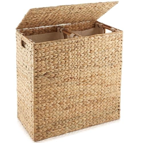 Image of Gr8 Home Extra Large Rectangular Water Hyacinth Double Laundry Hamper Woven XL Washing Basket With 2 Compartment Liner Bags Clothes Storage Bin Organiser Box Truck Chest With Lid