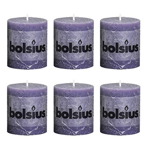 Image of Bolsius Old Purple Rustic Pillar Paraffin Wax Candle - Set of 6-30 Hour Burn Time - 8cm (H) x 6.8cm (Dia)